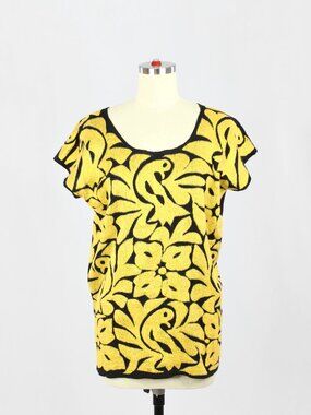 Handmade Mexican Black Yellow Hand Embroidered Tuxtepec Jalapa Huipil Tunic